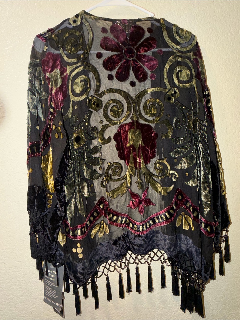 R&K Velvet Embroidered Fringe Kimono Jacket in Black & Burgundy